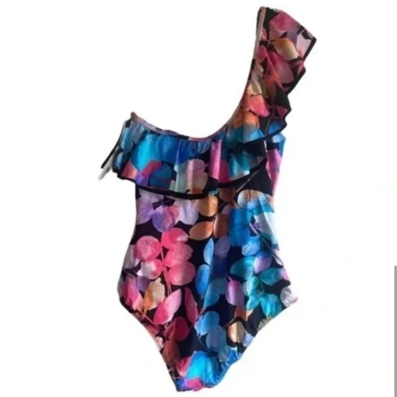 New! Profile by Gottex Color Rush Black Ruffle One Shoulder One Piece Swimsuit‎ - Picture 4 of 7